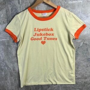 LuLaRoe yellow and orange ringer tee  "Lipstick Jukebox Good Tunes" graphic Sz M
